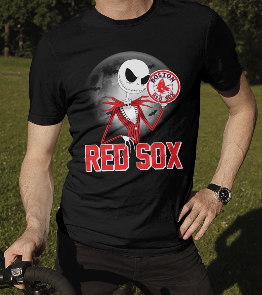 Jack Skellington Holding Boston Red Sox Logo With Halloween Moon Background T-Shirt