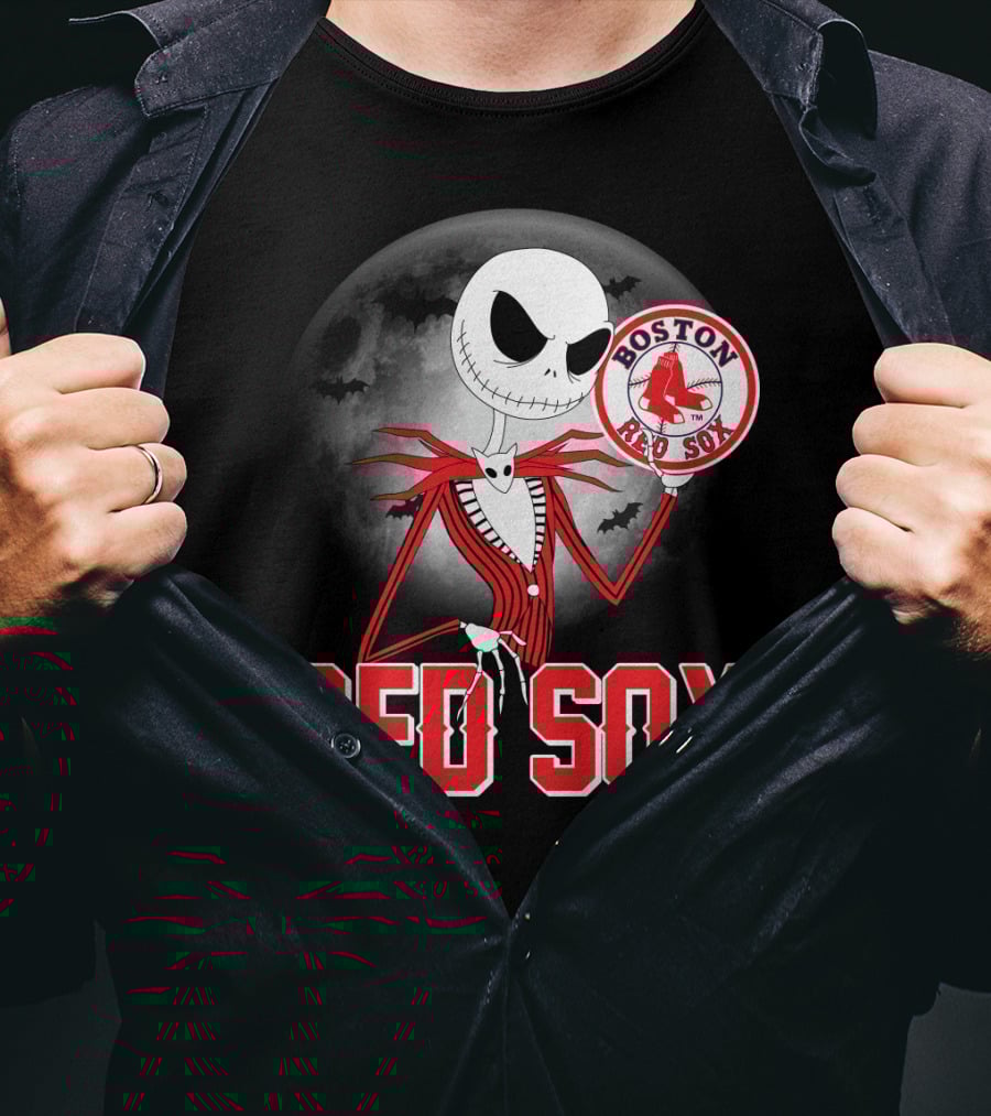 Jack Skellington Holding Boston Red Sox Logo With Halloween Moon Background T-Shirt