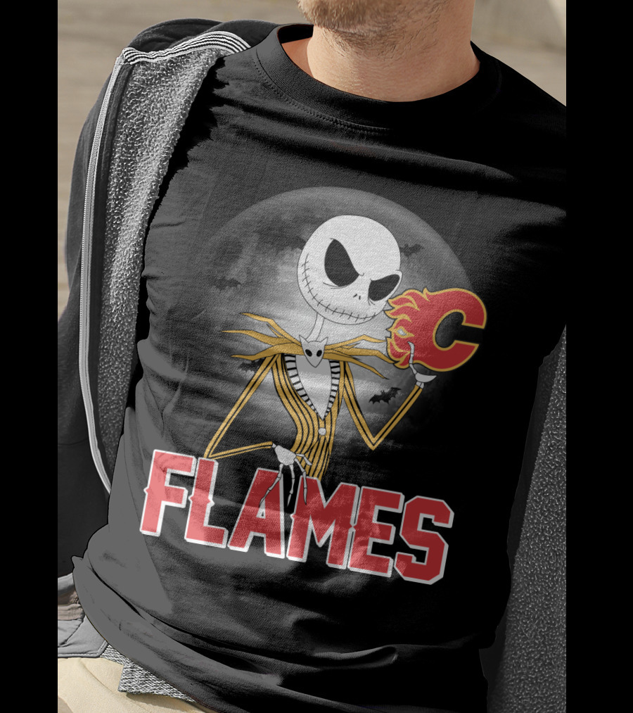 Jack Skellington Flames Halloween Calgary Hockey Crossover T-Shirt