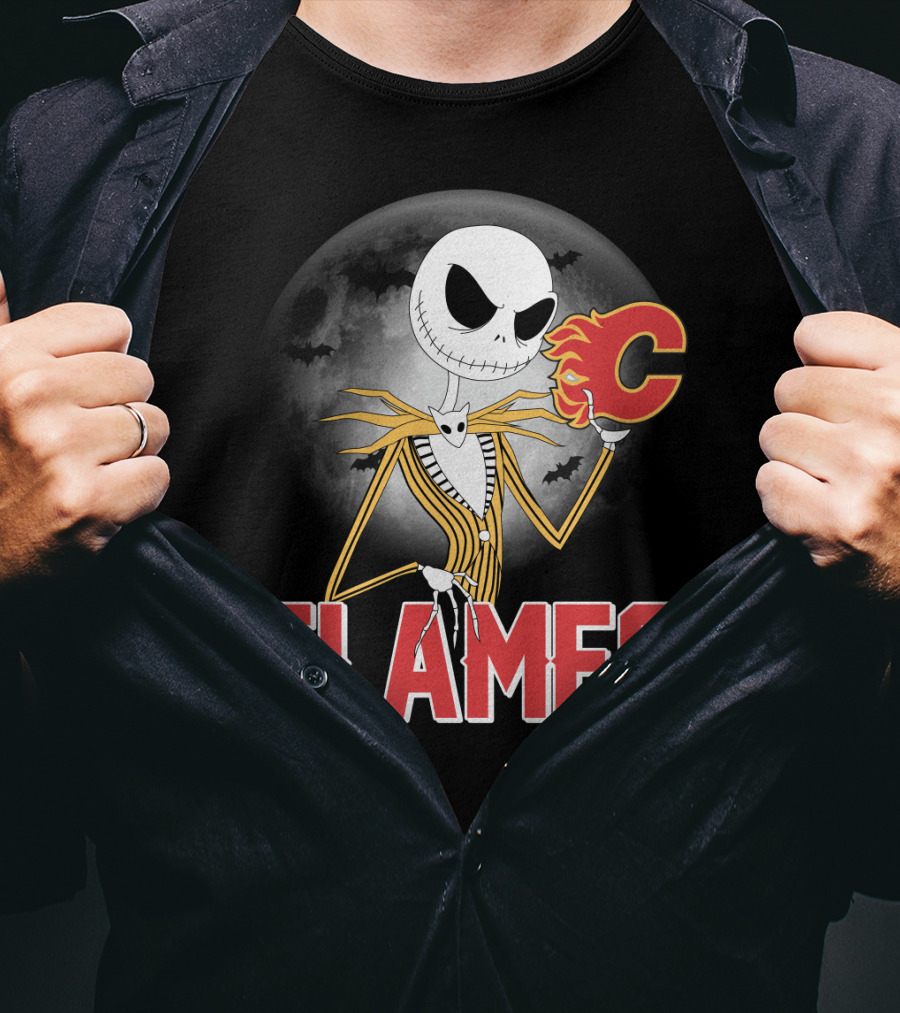 Jack Skellington Flames Halloween Calgary Hockey Crossover T-Shirt