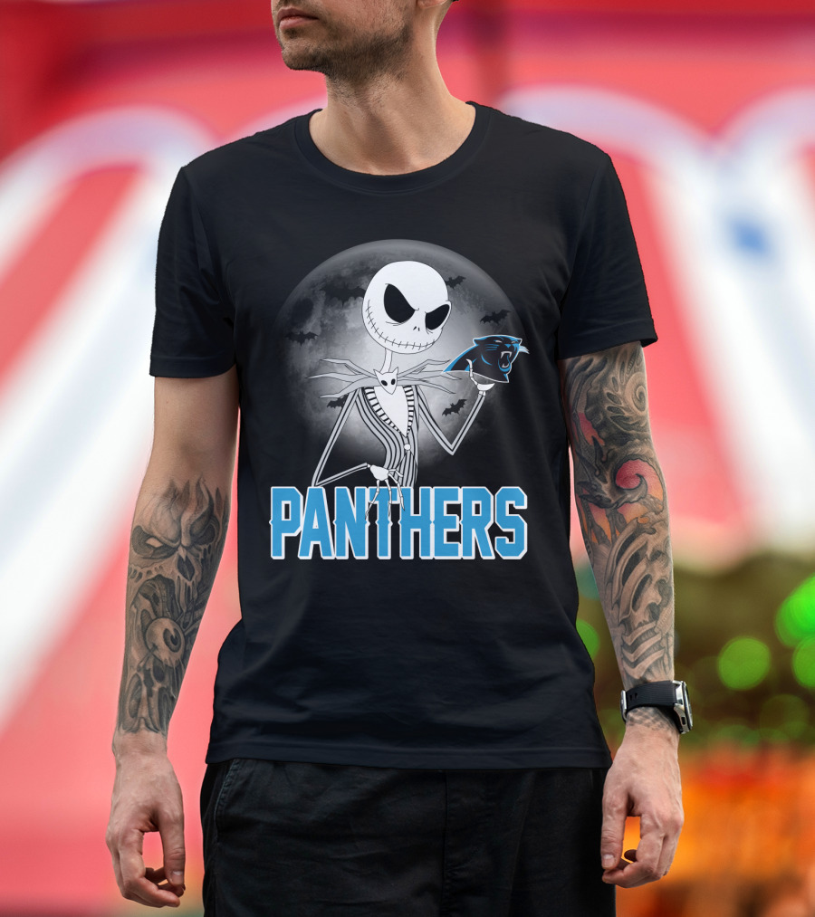 Jack Skellington Panthers Halloween Carolina Panthers Logo Moon Bats T-Shirt