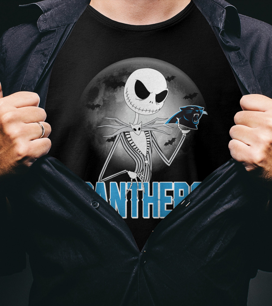 Jack Skellington Panthers Halloween Carolina Panthers Logo Moon Bats T-Shirt
