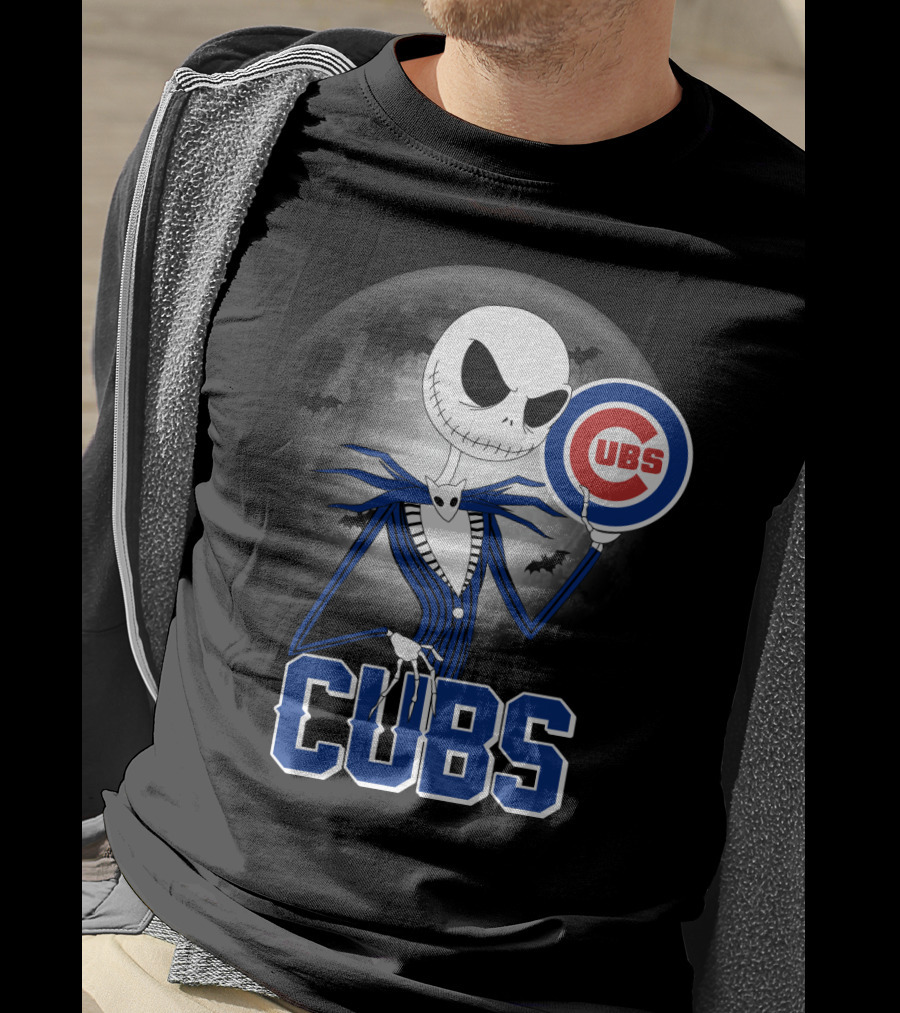 Jack Skellington Halloween Cubs Logo Fans With Full Moon And Bats T-Shirt