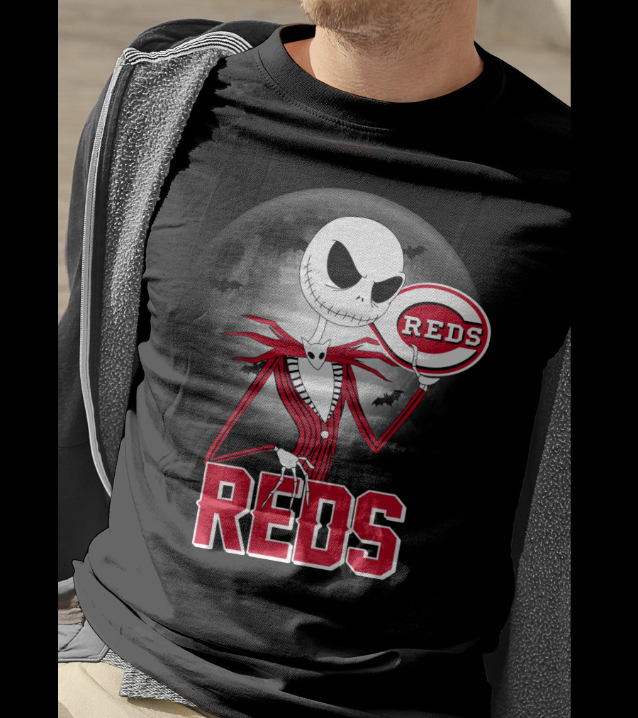 Jack Skellington With Cincinnati Reds Logo Halloween T-Shirt