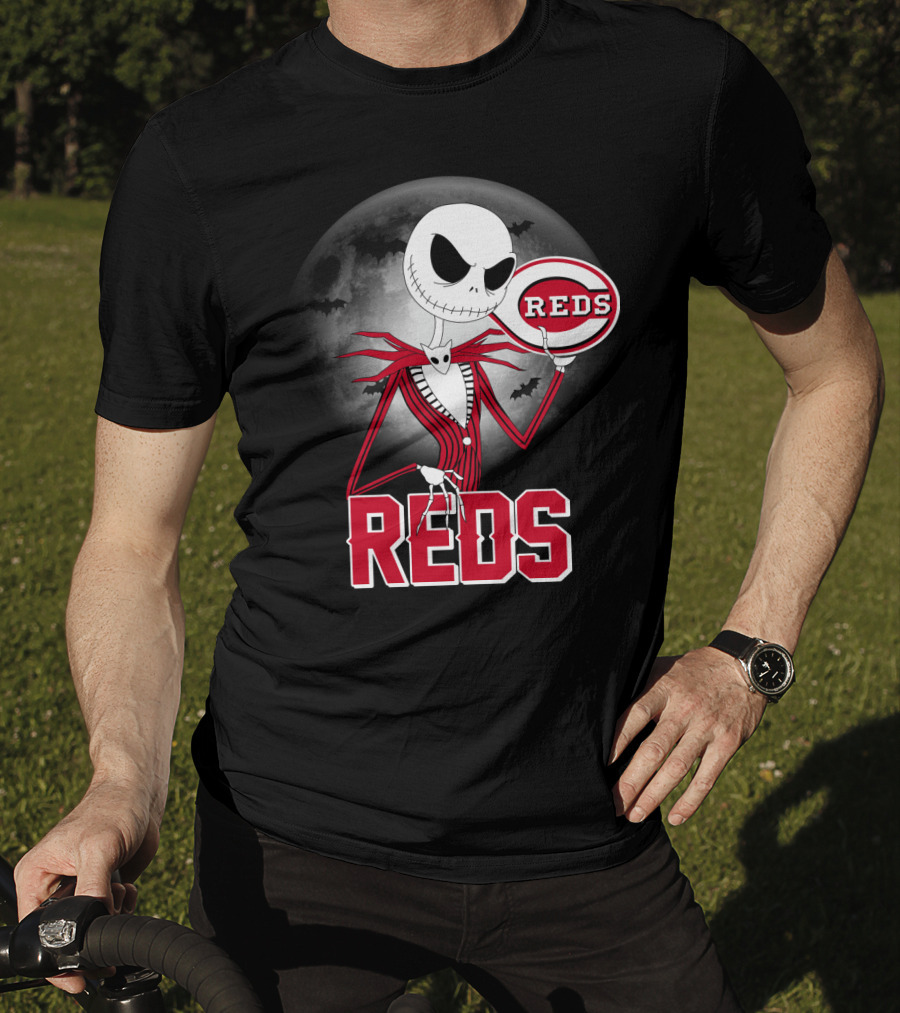 Jack Skellington With Cincinnati Reds Logo Halloween T-Shirt
