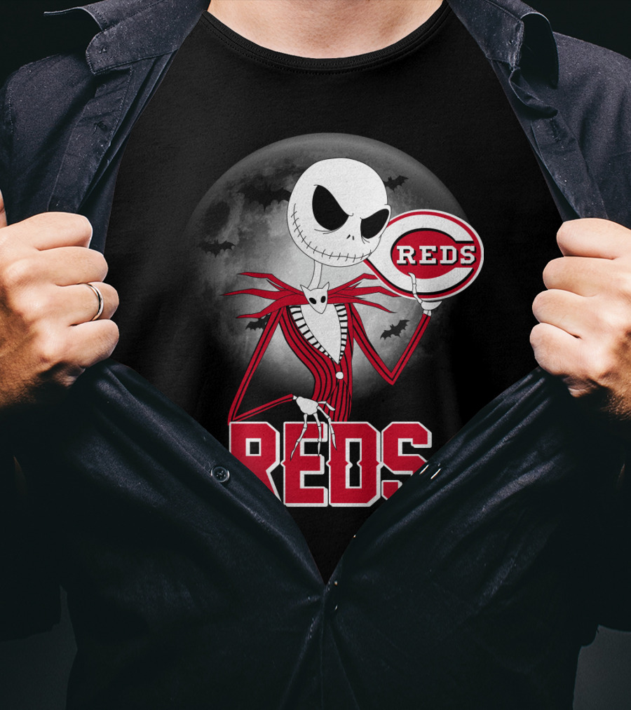 Jack Skellington With Cincinnati Reds Logo Halloween T-Shirt