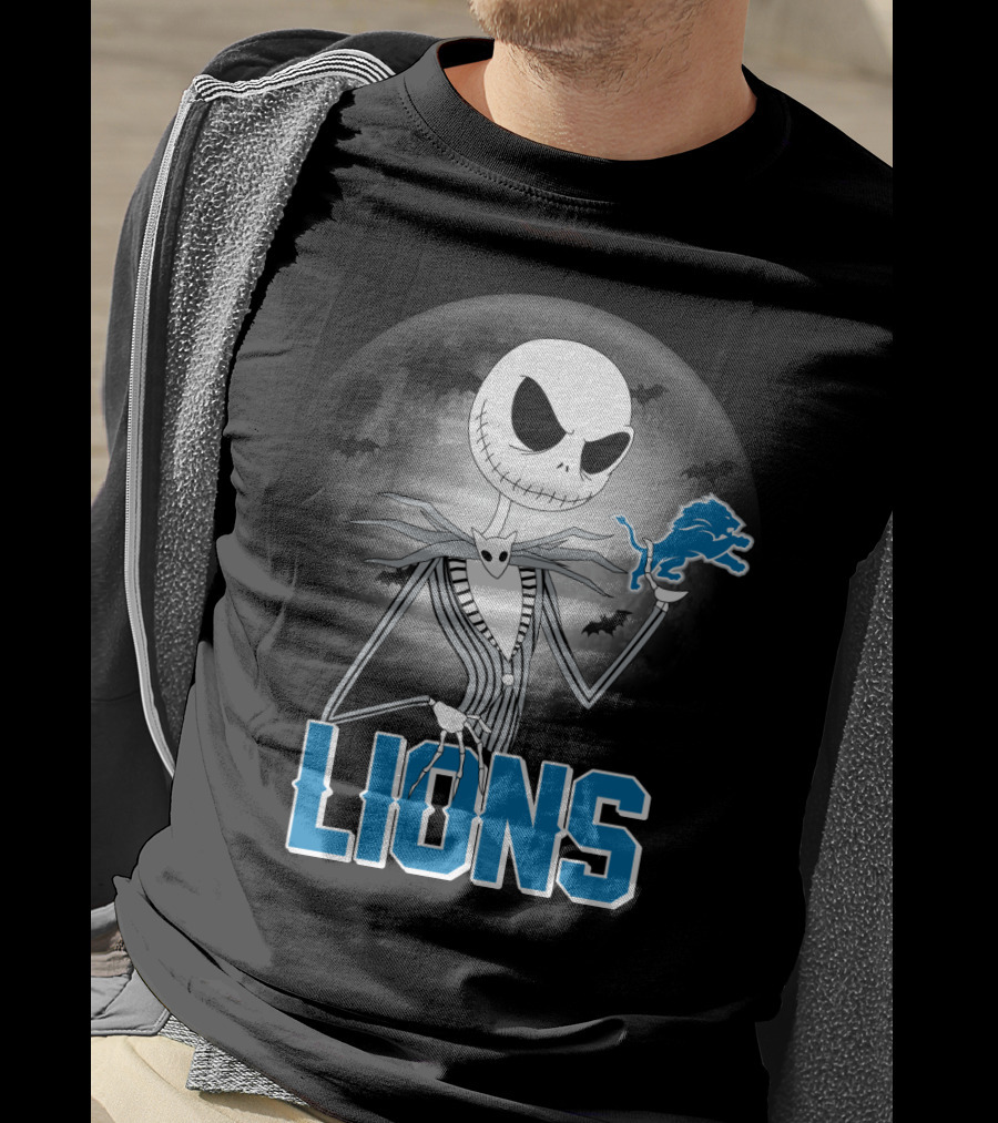 Jack Skellington Detroit Lions Halloween Night Full Moon Bats T-Shirt