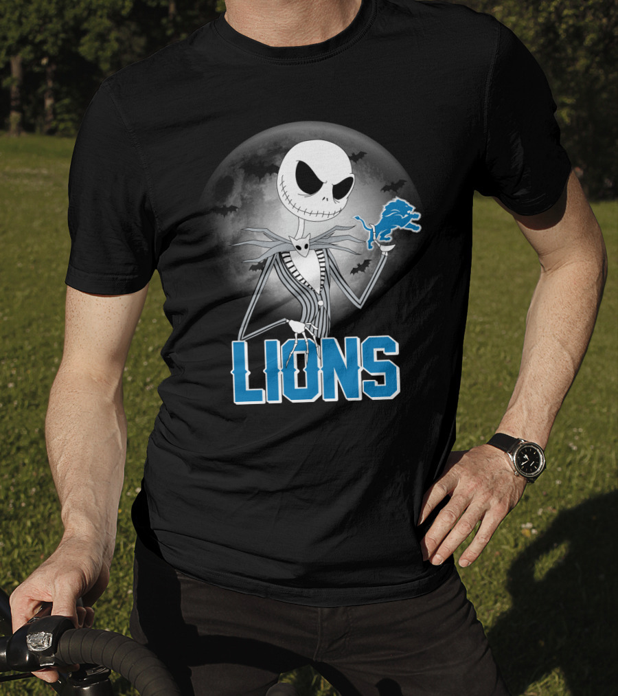 Jack Skellington Detroit Lions Halloween Night Full Moon Bats T-Shirt