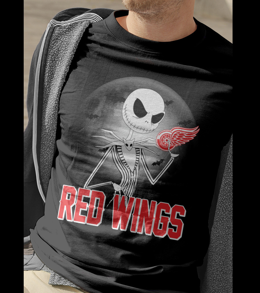 Jack Skellington Holding Detroit Red Wings Symbol In Halloween Moonlit Scene T-Shirt