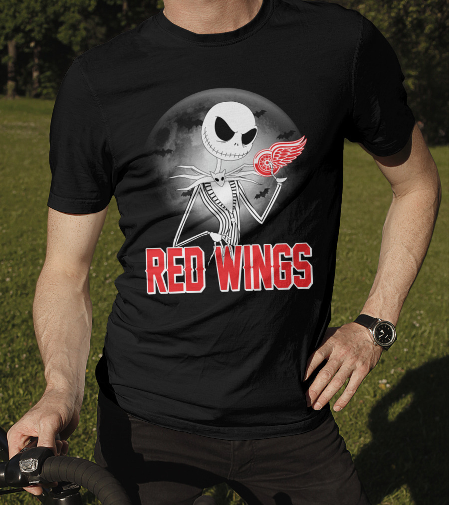 Jack Skellington Holding Detroit Red Wings Symbol In Halloween Moonlit Scene T-Shirt