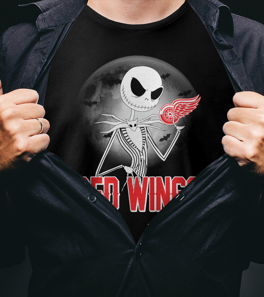 Jack Skellington Holding Detroit Red Wings Symbol In Halloween Moonlit Scene T-Shirt