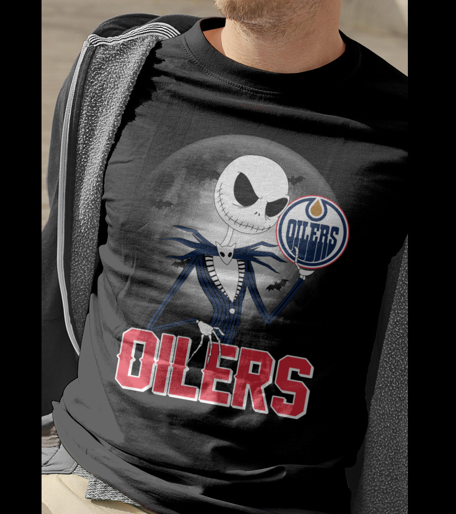 Jack Skellington Edmonton Oilers Halloween Moon Background T-Shirt
