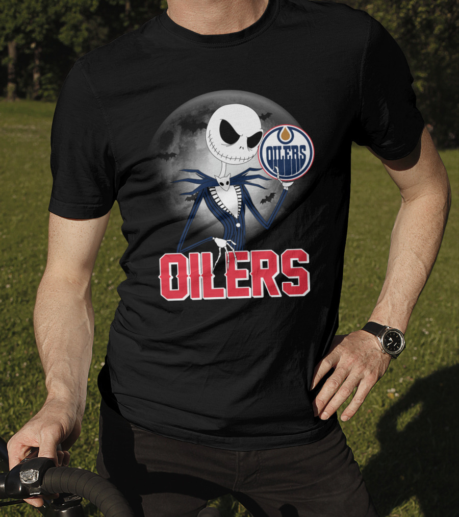 Jack Skellington Edmonton Oilers Halloween Moon Background T-Shirt