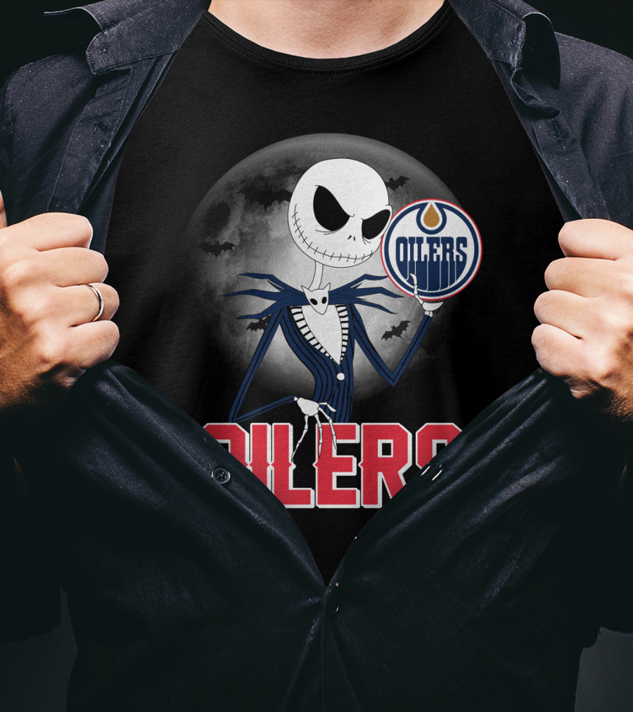 Jack Skellington Edmonton Oilers Halloween Moon Background T-Shirt