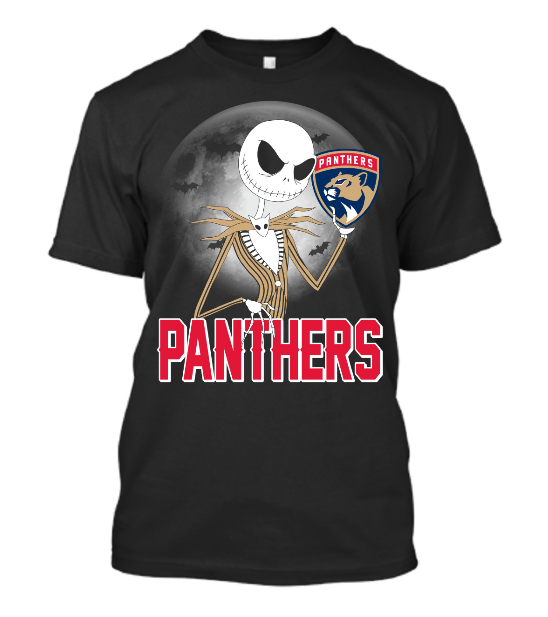 Jack Skellington Holding Florida Panthers Logo Halloween Moon Background T-Shirt