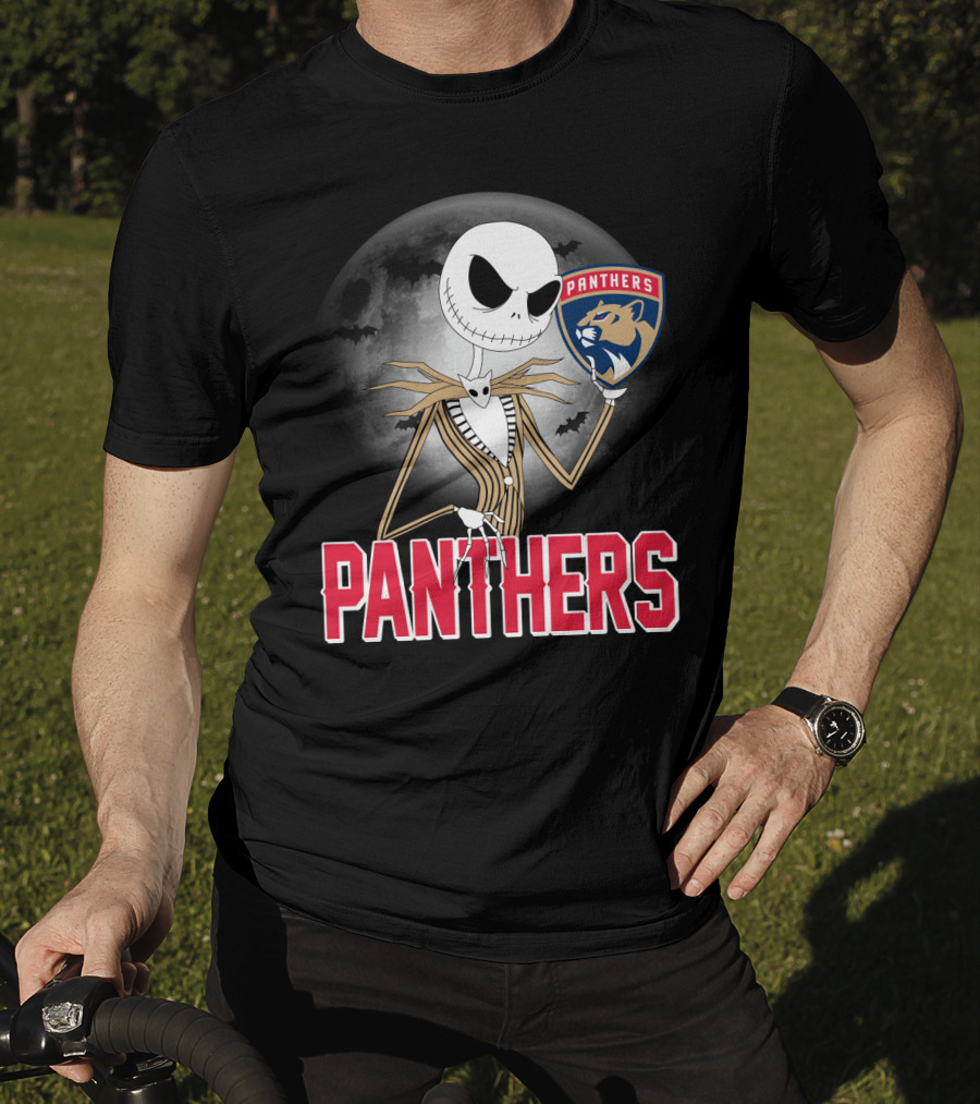 Jack Skellington Holding Florida Panthers Logo Halloween Moon Background T-Shirt