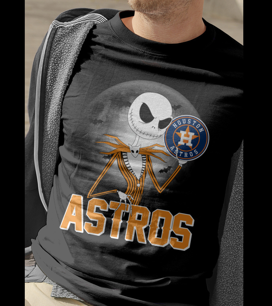 Jack Skellington Holding Houston Astros Logo With Halloween Bats T-Shirt