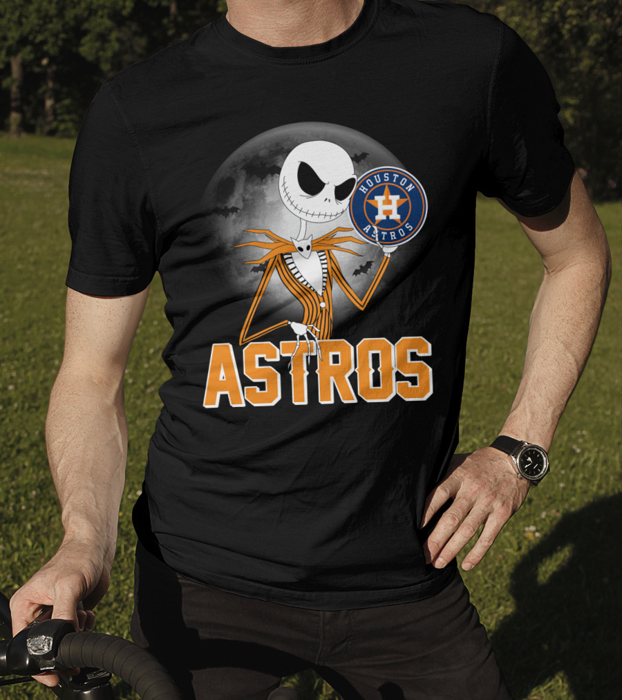 Jack Skellington Holding Houston Astros Logo With Halloween Bats T-Shirt