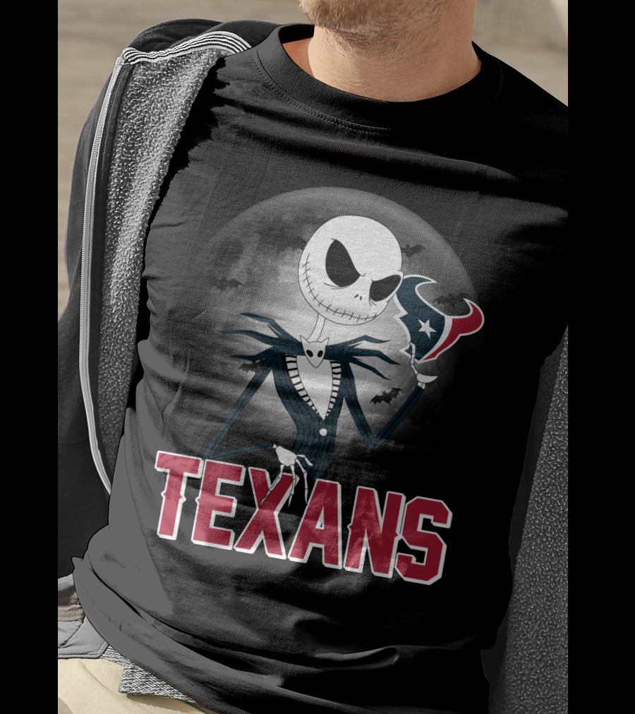 Jack Skellington Holding Houston Texans Logo With Moon And Bats T-Shirt