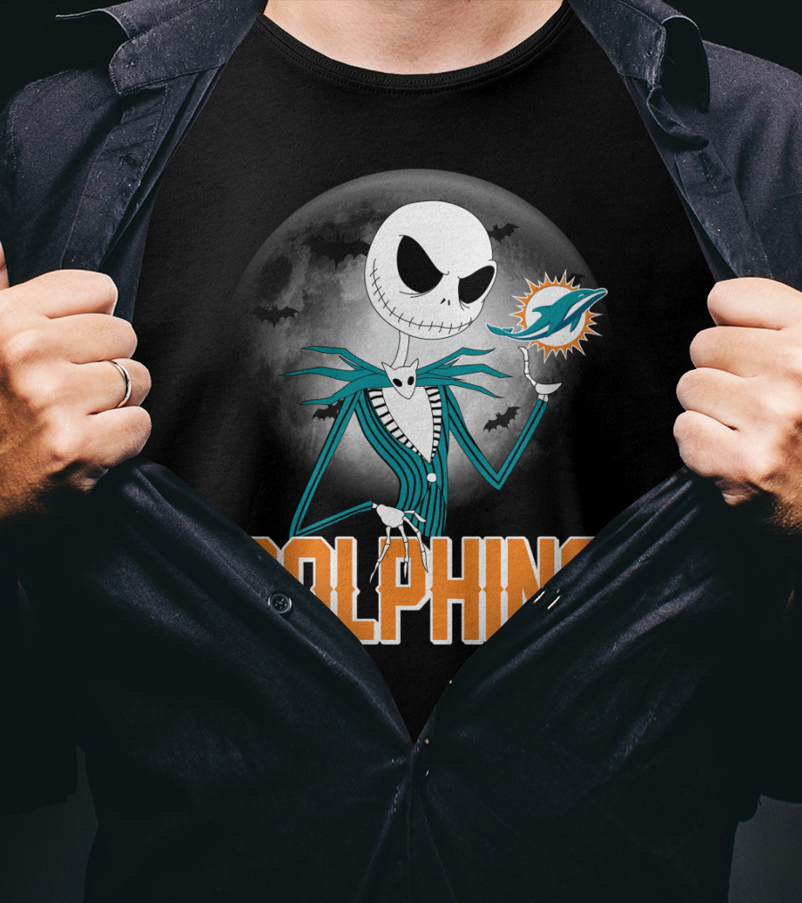 Jack Skellington Dolphins Halloween Miami Logo Moon T-Shirt
