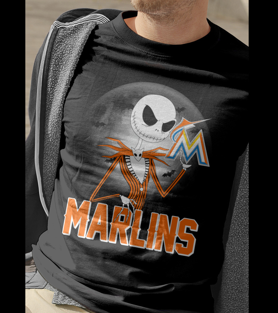 Jack Skellington Miami Marlins Halloween Moon Bat T-Shirt