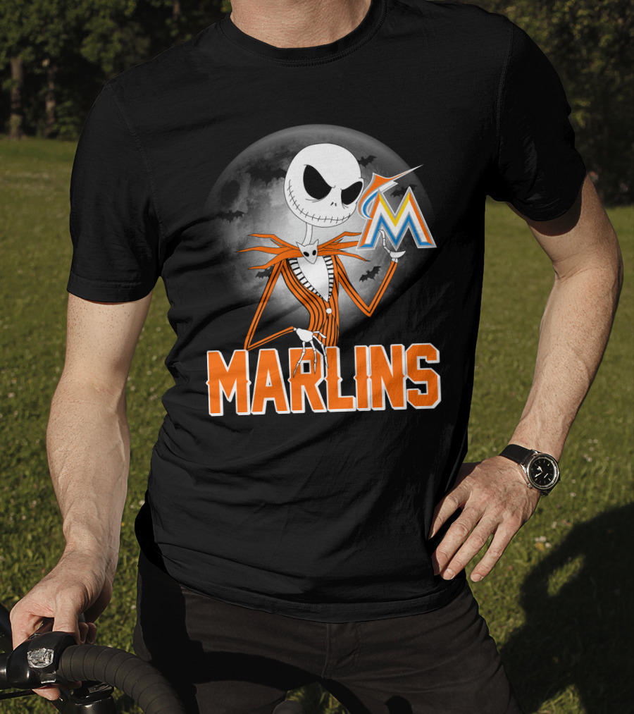 Jack Skellington Miami Marlins Halloween Moon Bat T-Shirt
