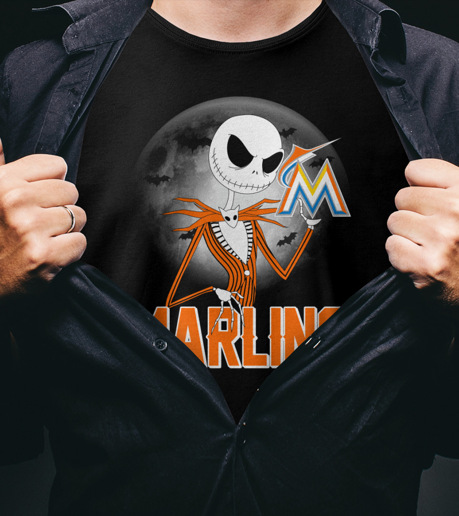 Jack Skellington Miami Marlins Halloween Moon Bat T-Shirt