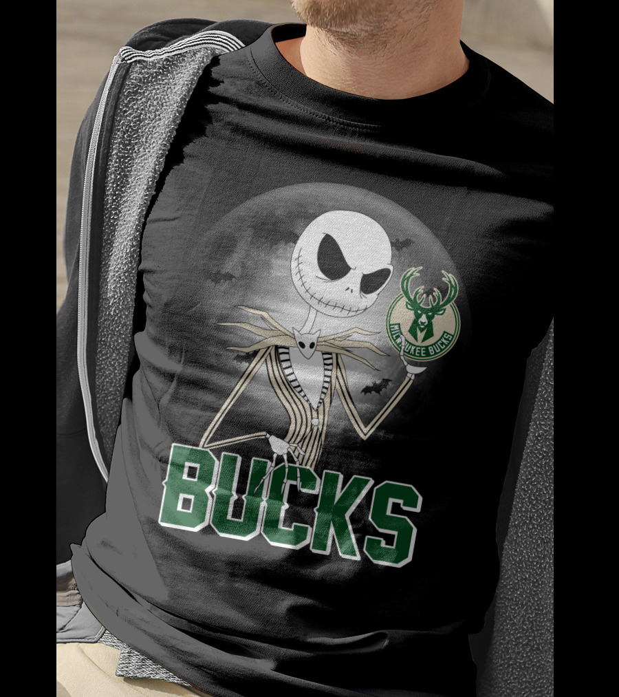 Jack Skellington Halloween Milwaukee Bucks Moon Bats T-Shirt