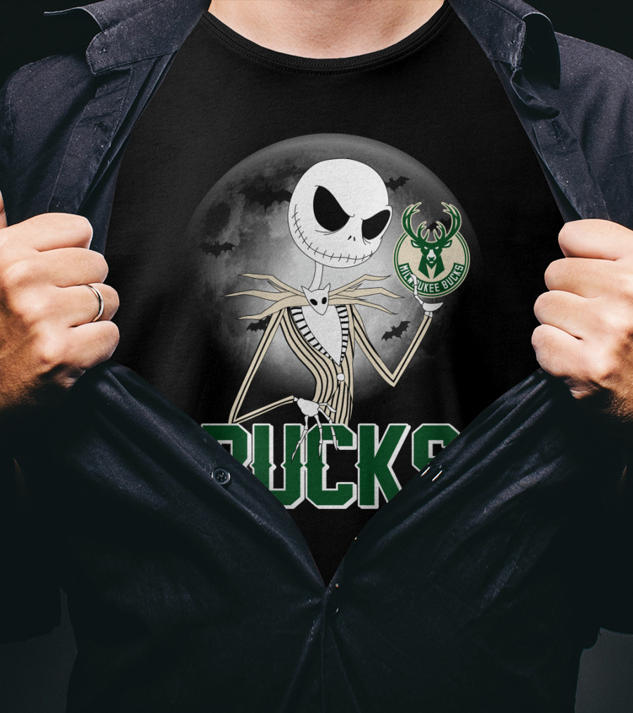 Jack Skellington Halloween Milwaukee Bucks Moon Bats T-Shirt