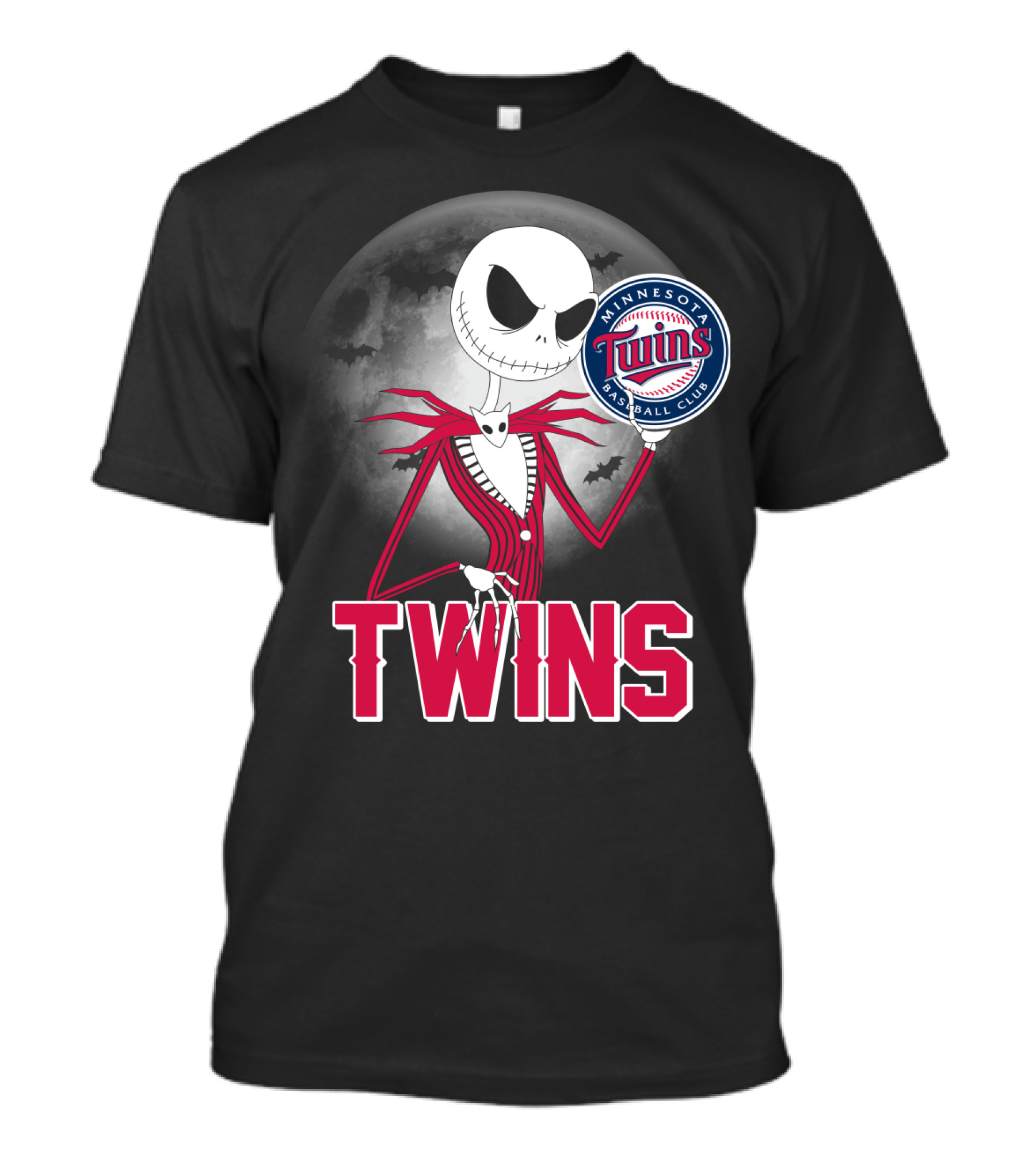 Jack Skellington Halloween Holding Minnesota Twins Baseball Club Logo With Full Moon And Bats In Background T-Shirt