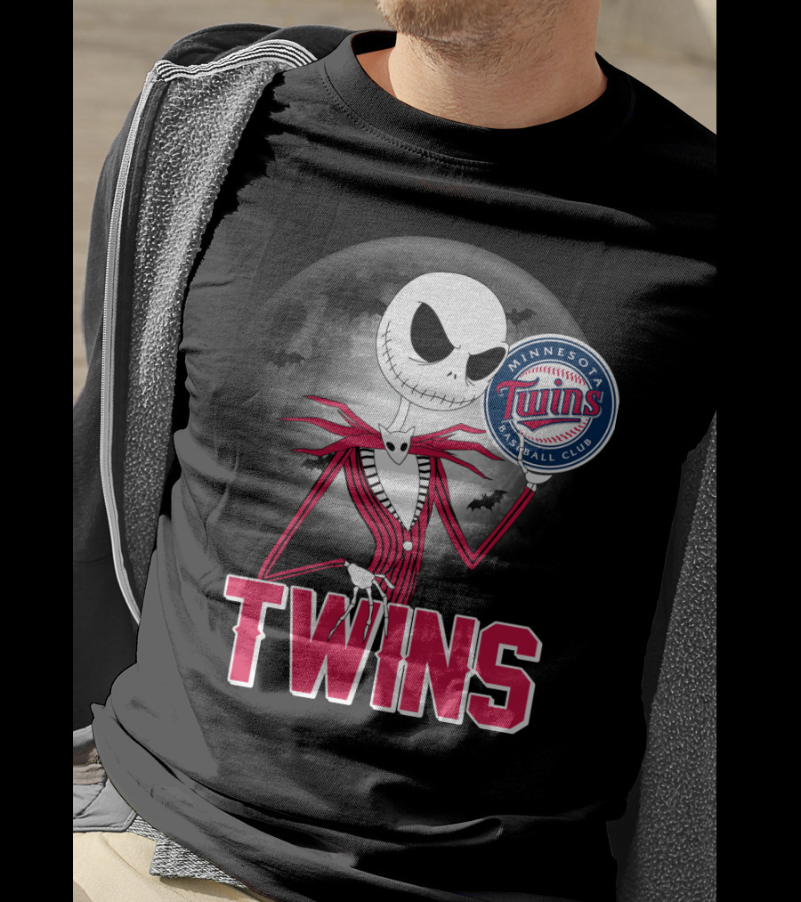 Jack Skellington Halloween Holding Minnesota Twins Baseball Club Logo With Full Moon And Bats In Background T-Shirt