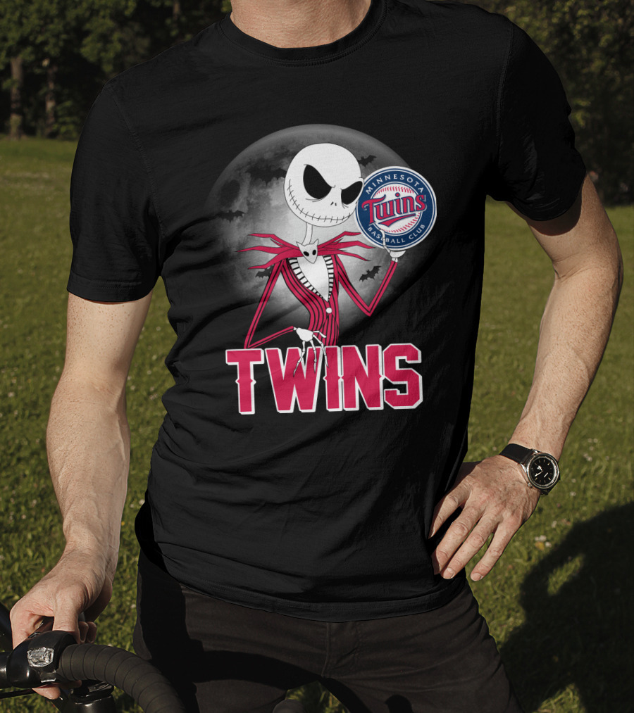 Jack Skellington Halloween Holding Minnesota Twins Baseball Club Logo With Full Moon And Bats In Background T-Shirt