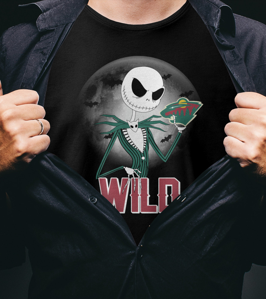 Jack Skellington Halloween Moon And Minnesota Wild Logo Spooky T-Shirt
