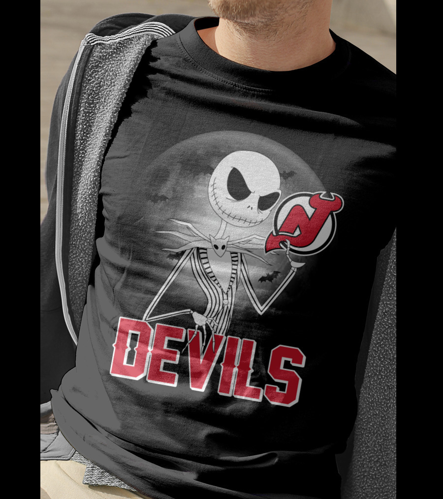 Jack Skellington Halloween Meets New Jersey Devils Moonlit Night T-Shirt