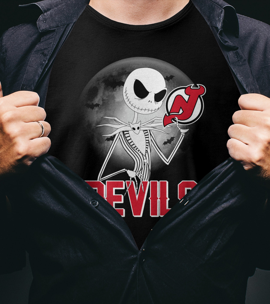 Jack Skellington Halloween Meets New Jersey Devils Moonlit Night T-Shirt