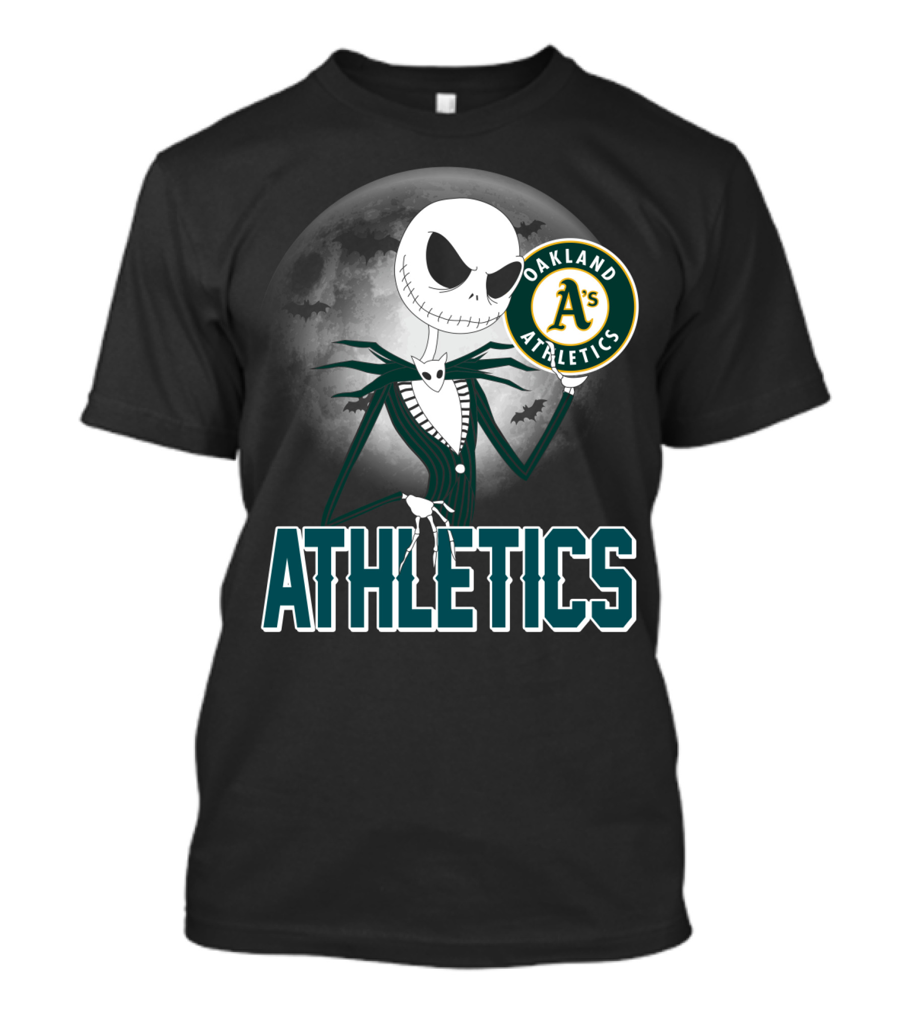 Jack Skellington Holding Oakland Athletics Logo With Halloween Moon And Bats T-Shirt