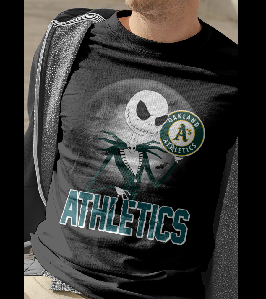 Jack Skellington Holding Oakland Athletics Logo With Halloween Moon And Bats T-Shirt