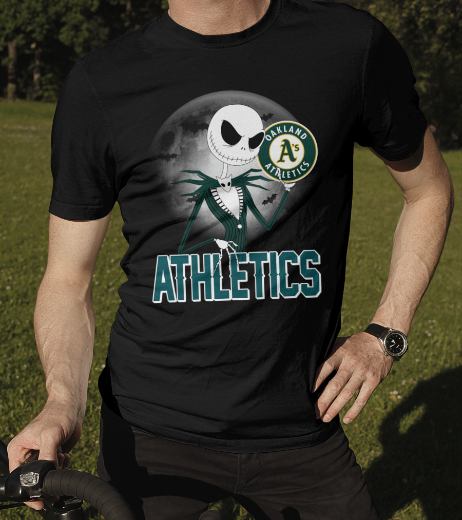 Jack Skellington Holding Oakland Athletics Logo With Halloween Moon And Bats T-Shirt