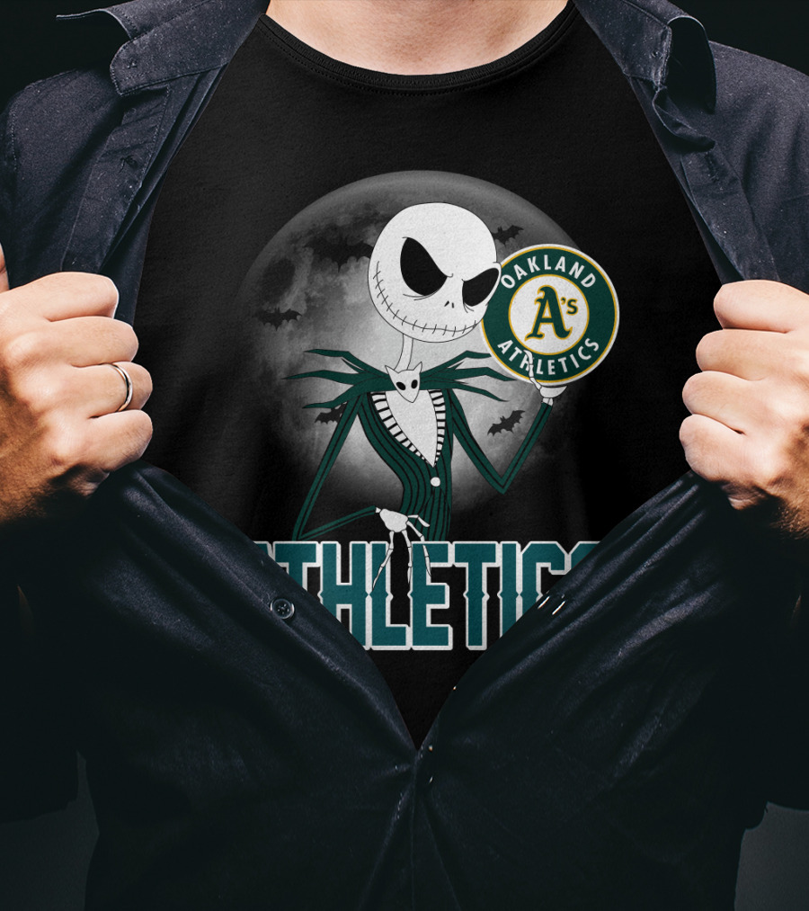 Jack Skellington Holding Oakland Athletics Logo With Halloween Moon And Bats T-Shirt