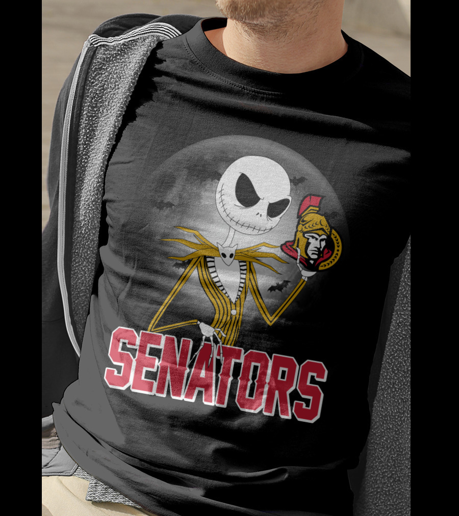 Jack Skellington Ottawa Senators Halloween Crossover With Moon And Bats Background T-Shirt