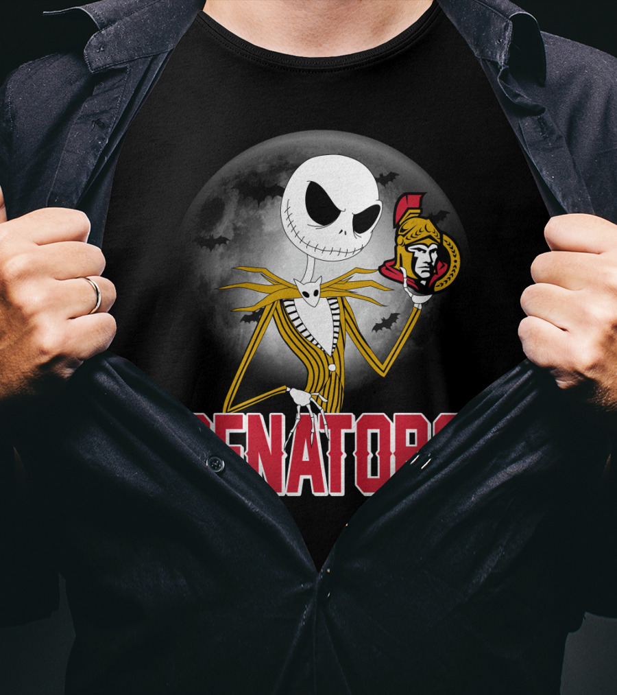 Jack Skellington Ottawa Senators Halloween Crossover With Moon And Bats Background T-Shirt
