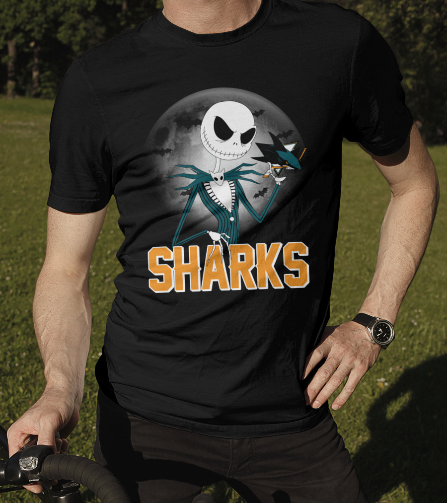 Jack Skellington San Jose Sharks Halloween Moon Background T-Shirt