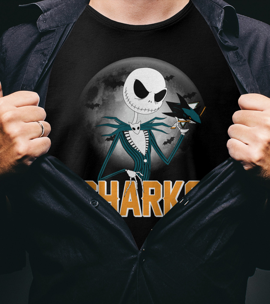 Jack Skellington San Jose Sharks Halloween Moon Background T-Shirt