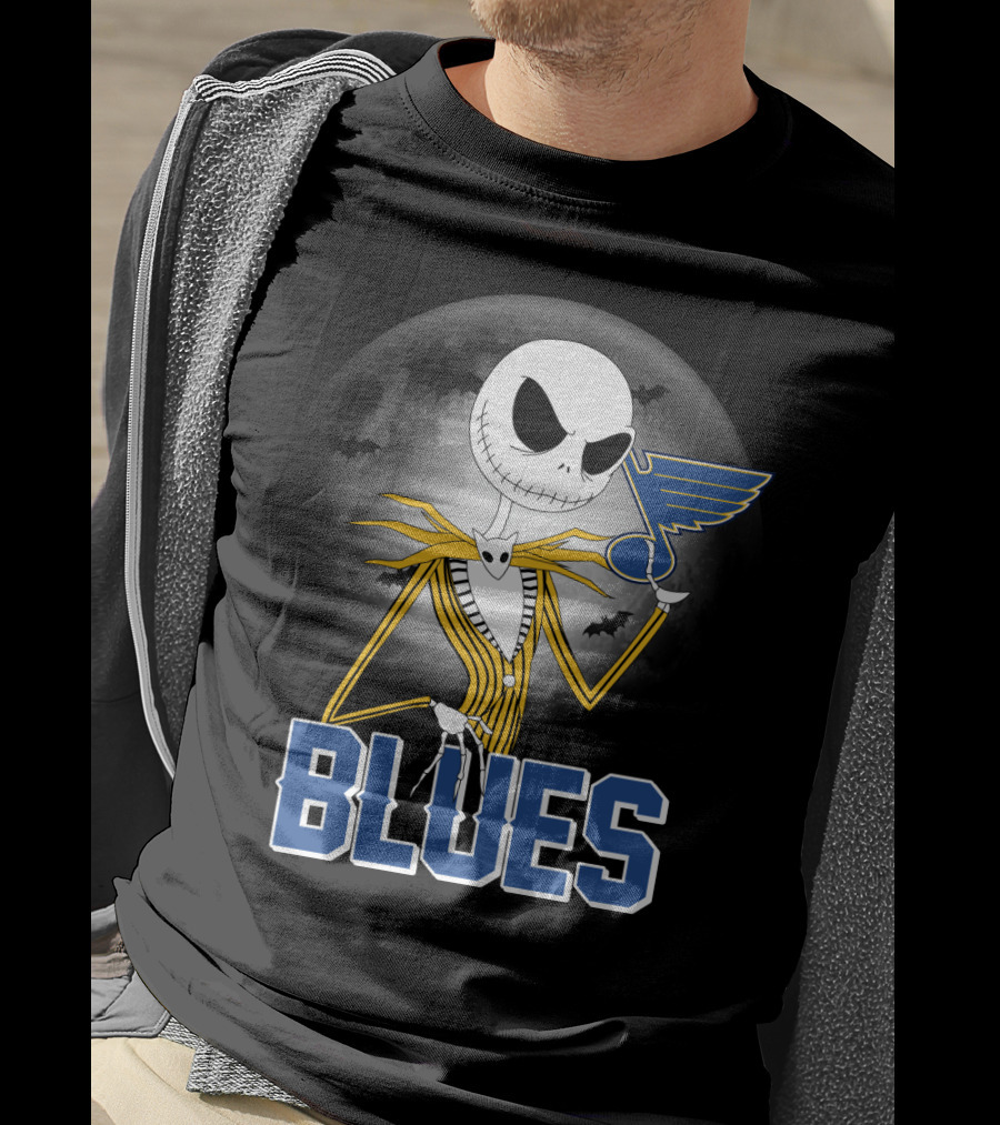 Jack Skellington Holding St. Louis Blues Logo With Halloween Moon Background T-Shirt