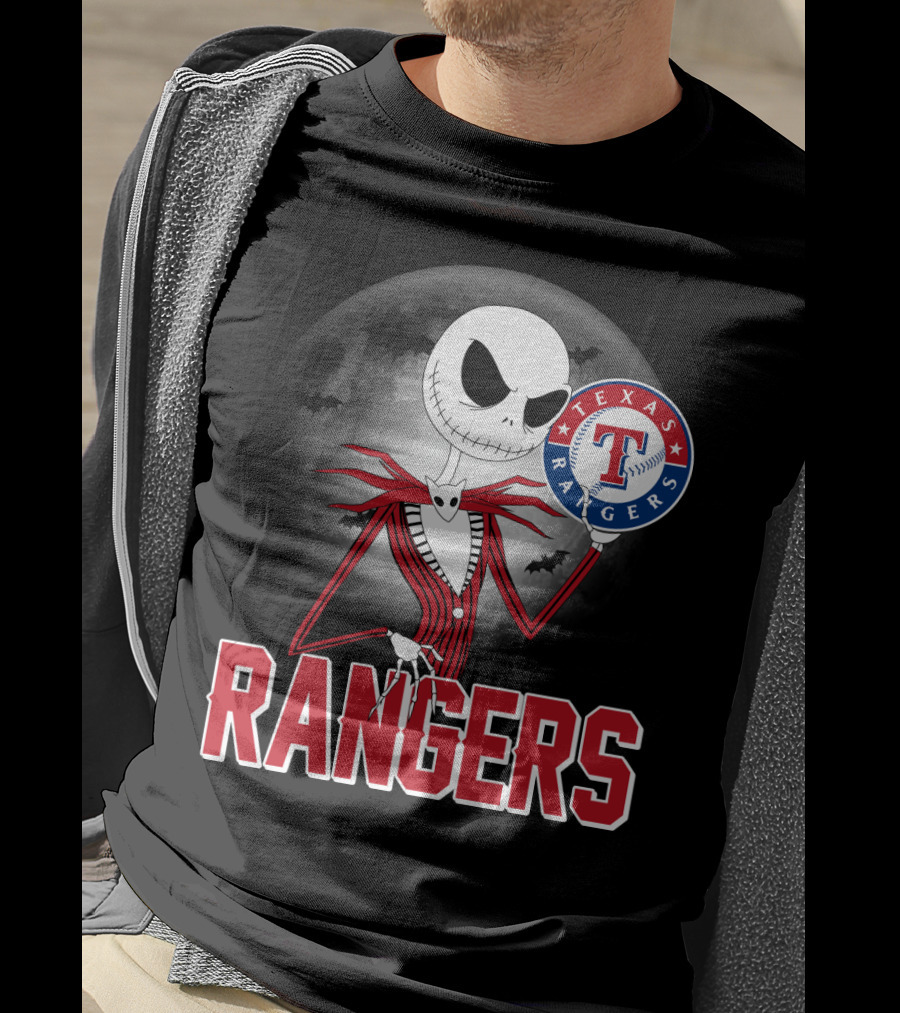 Jack Skellington Halloween Texas Rangers Baseball Moon T-Shirt