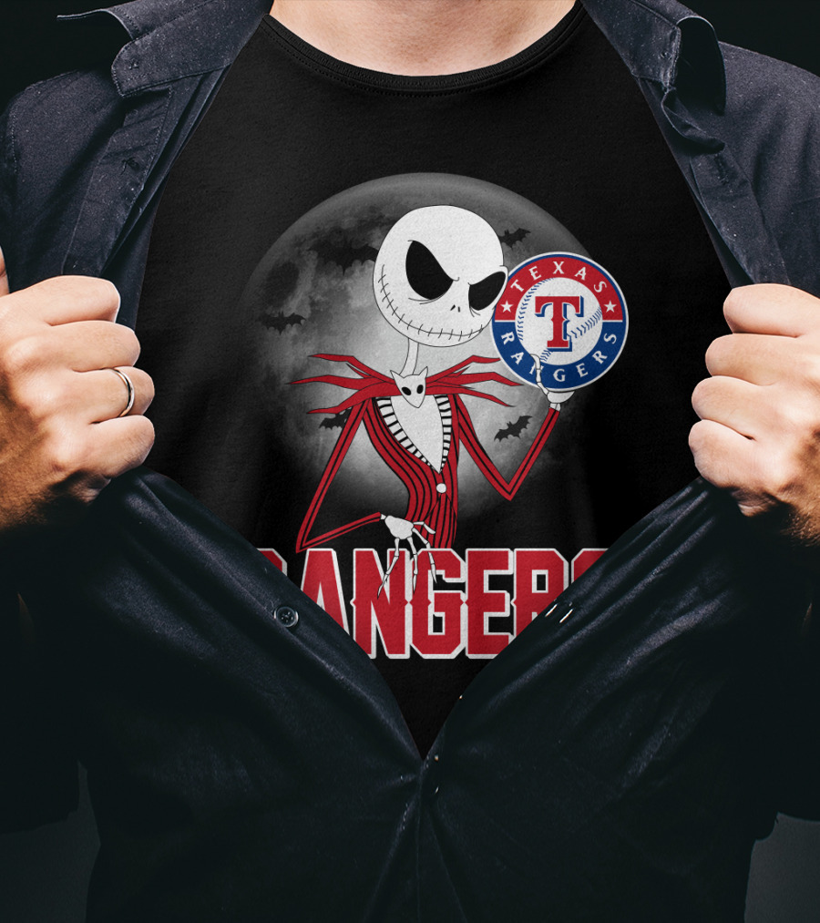 Jack Skellington Halloween Texas Rangers Baseball Moon T-Shirt