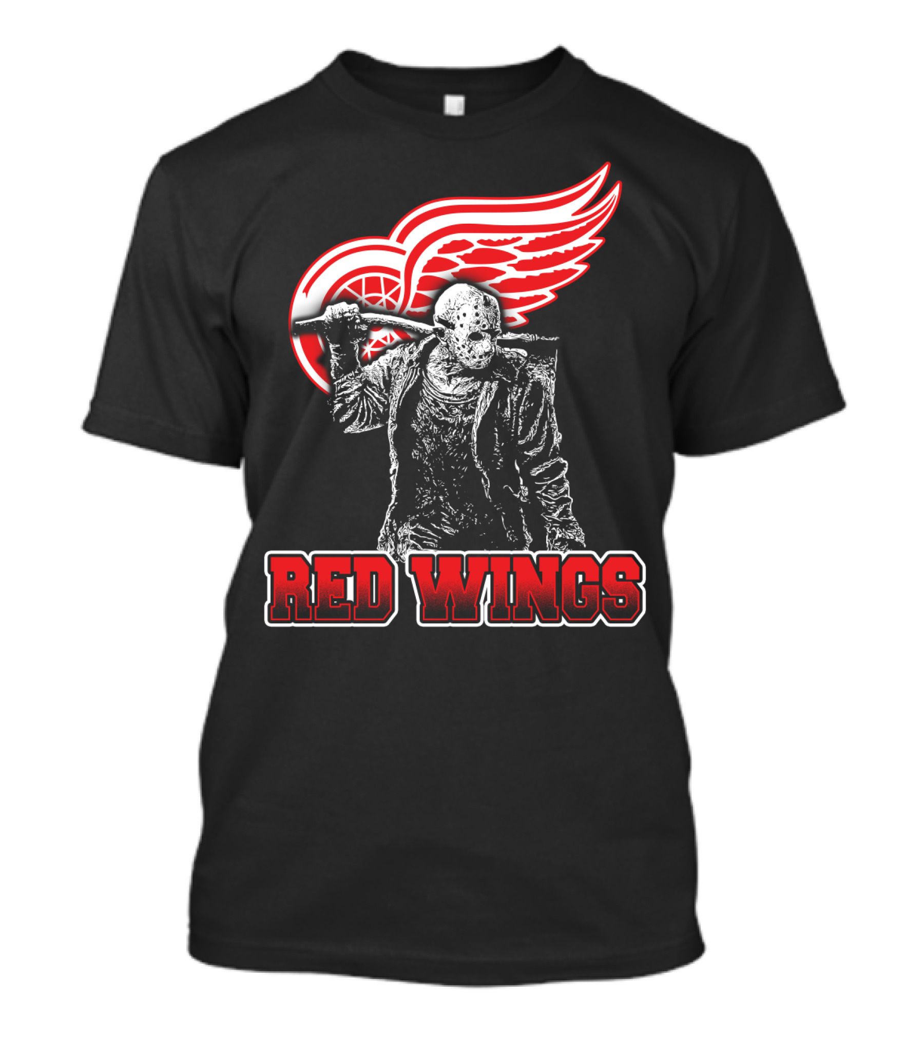 Jason Voorhees With Hockey Mask And Machete In Front Of Detroit Red Wings Logo Text Red Wings T-Shirt