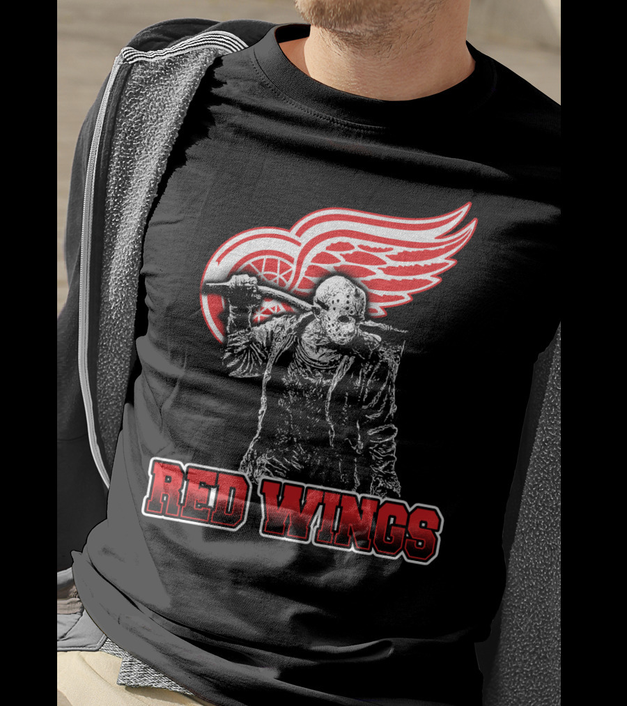 Jason Voorhees With Hockey Mask And Machete In Front Of Detroit Red Wings Logo Text Red Wings T-Shirt