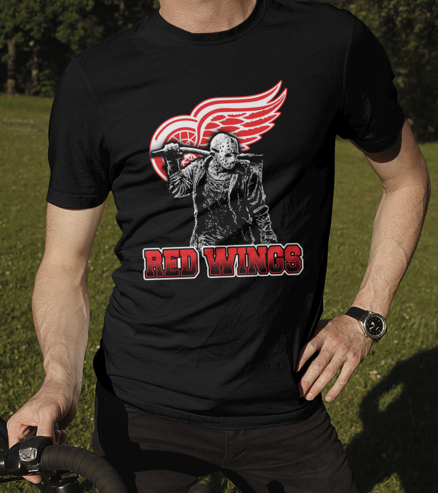 Jason Voorhees With Hockey Mask And Machete In Front Of Detroit Red Wings Logo Text Red Wings T-Shirt