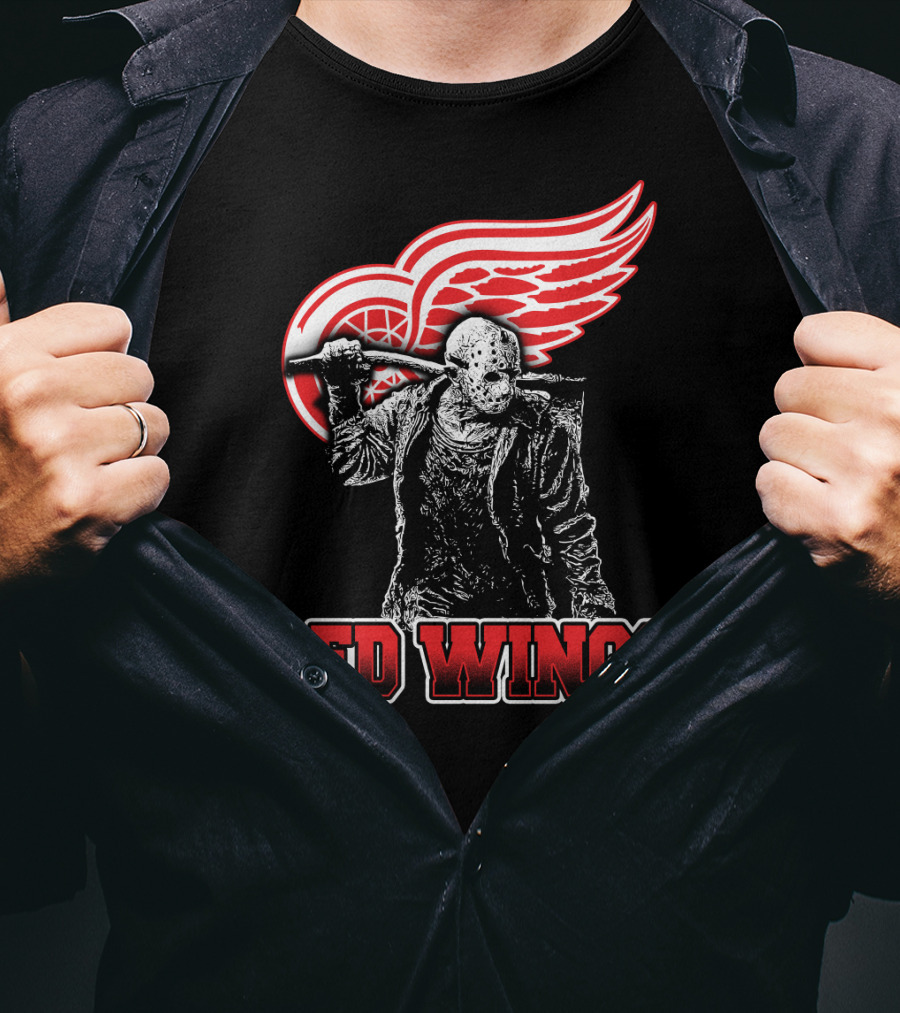 Jason Voorhees With Hockey Mask And Machete In Front Of Detroit Red Wings Logo Text Red Wings T-Shirt